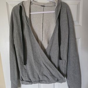 Grey Wrap Hoodie with Black Drawstrings